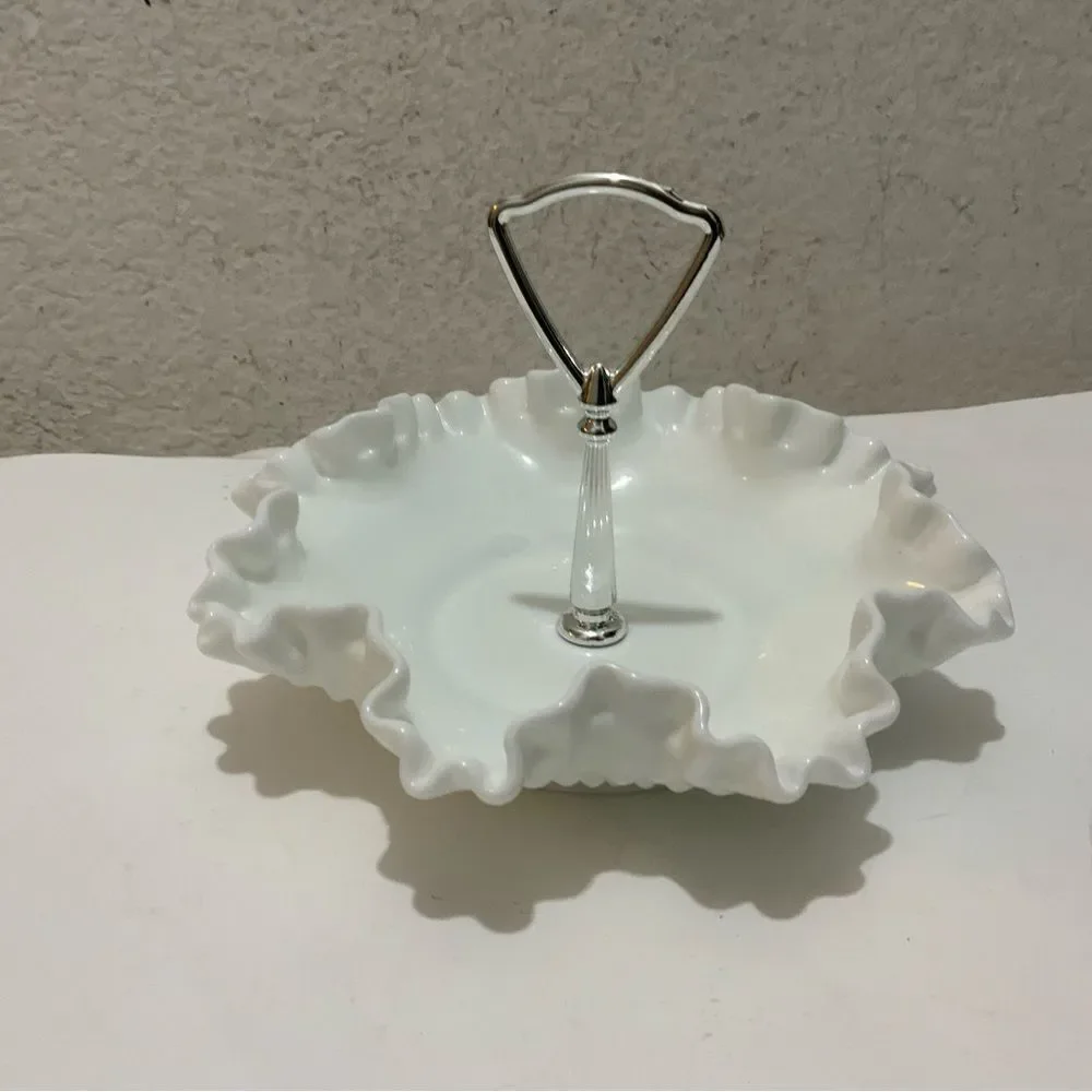Fenton Vintage White Hobnail Ruffled Edge Milk Glass Candy Dish w/Silver Handle